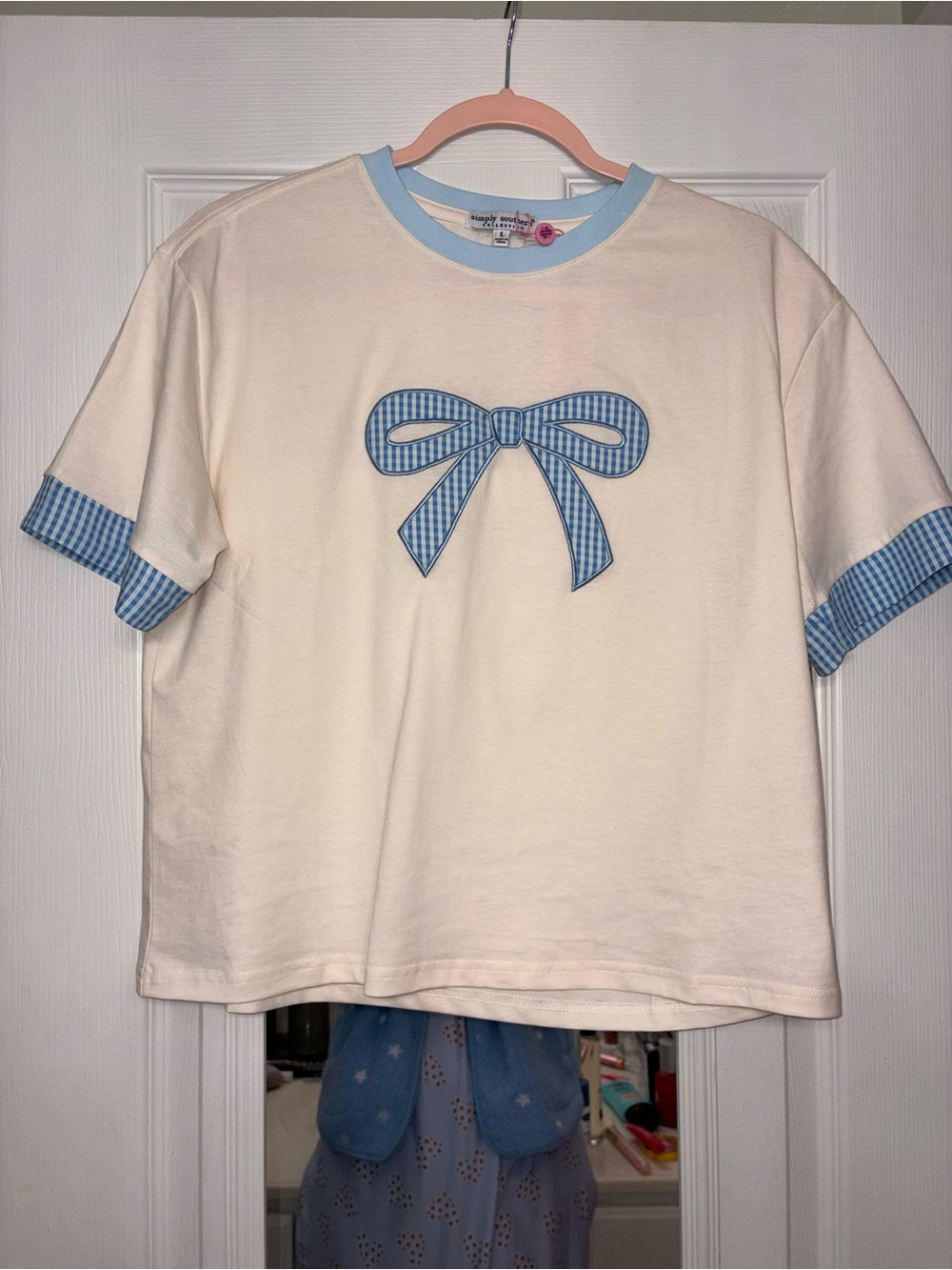 Simply Southern Cream Tee with Blue Gingham Bow